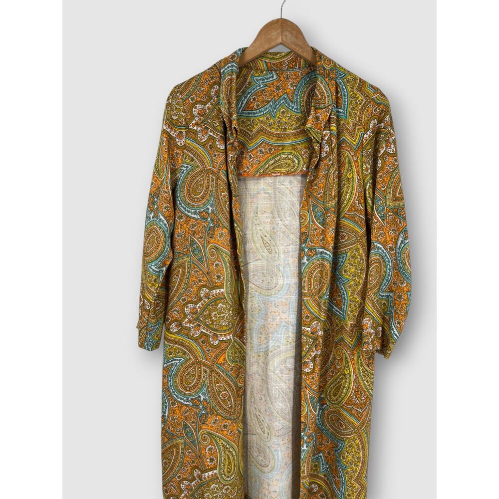 Vintage 60s 70s Paisley Duster Coat Open Front Long Boho Hippie Maxi Jacket - Picture 5 of 5